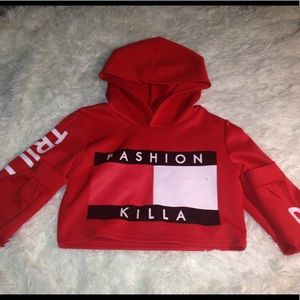 Red cropped hoodie.